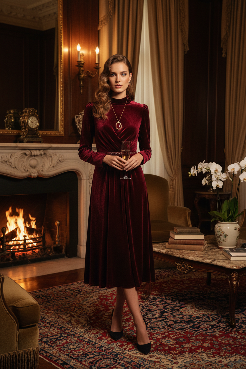 Velvet Dusk Dress — lifestyle fireplace