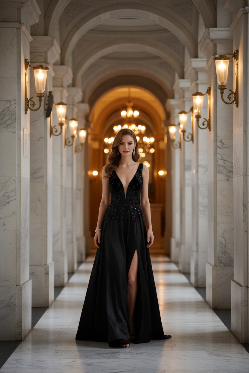 Noir Soir Evening Dress — lifestyle marble hallway